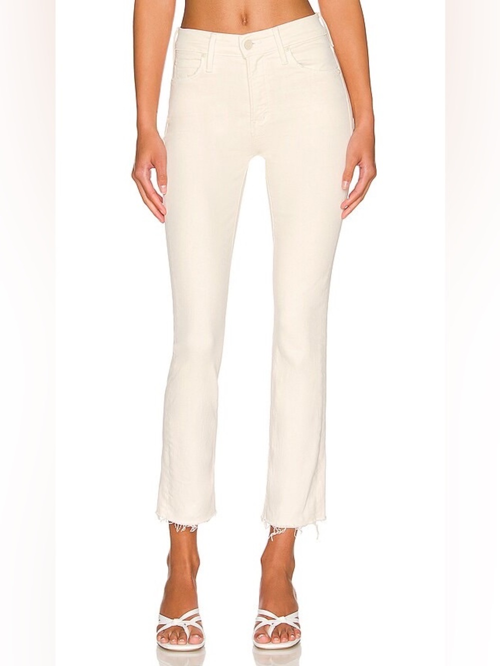 MOTHER Size 25 White Mid-Rise Frayed Hem Cropped Dazzler Slim Straight Jeans